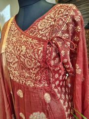 Beautiful Chanderi Chikankari Angrakha Style Kurta Dupatta set