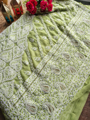 Beautiful Handcrafted Chikankari Georgette Saree Embellished With Pearls, Cutdana, sequins