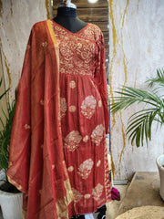 Beautiful Chanderi Chikankari Angrakha Style Kurta Dupatta set