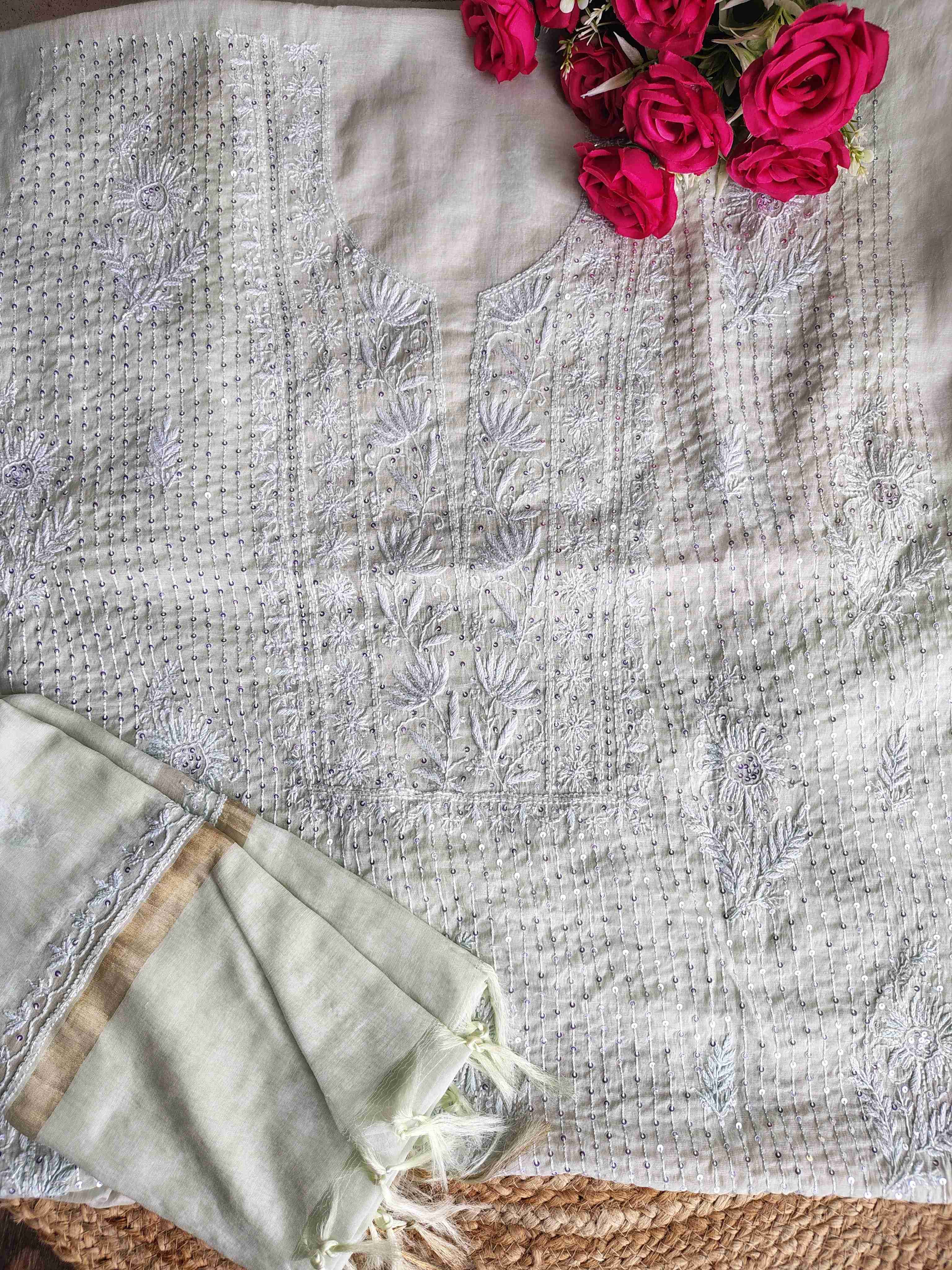 Mulchanderi Un-Stitched Chikankari kurta Dupatta Set