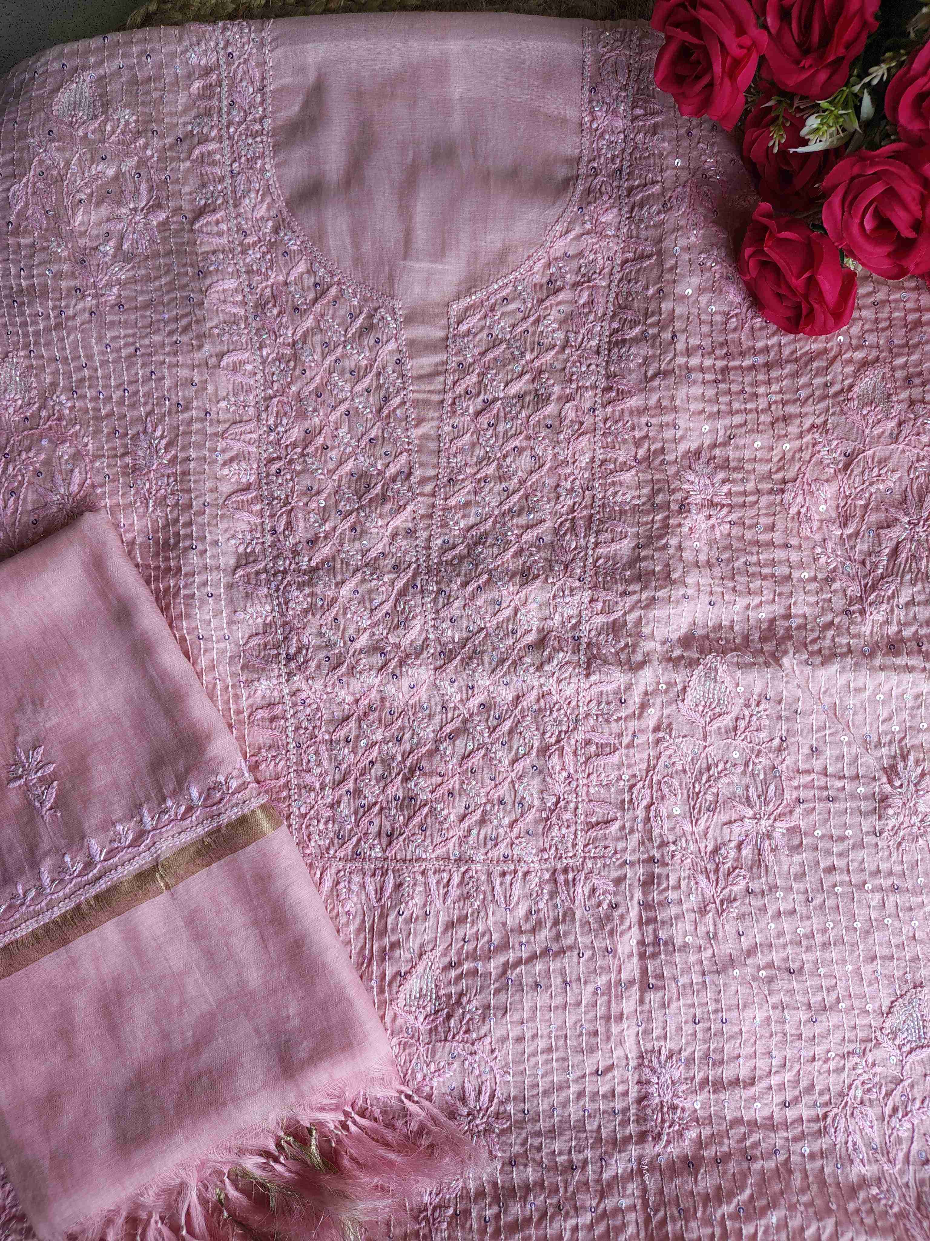 Mulchanderi Un-Stitched Chikankari kurta Dupatta Set
