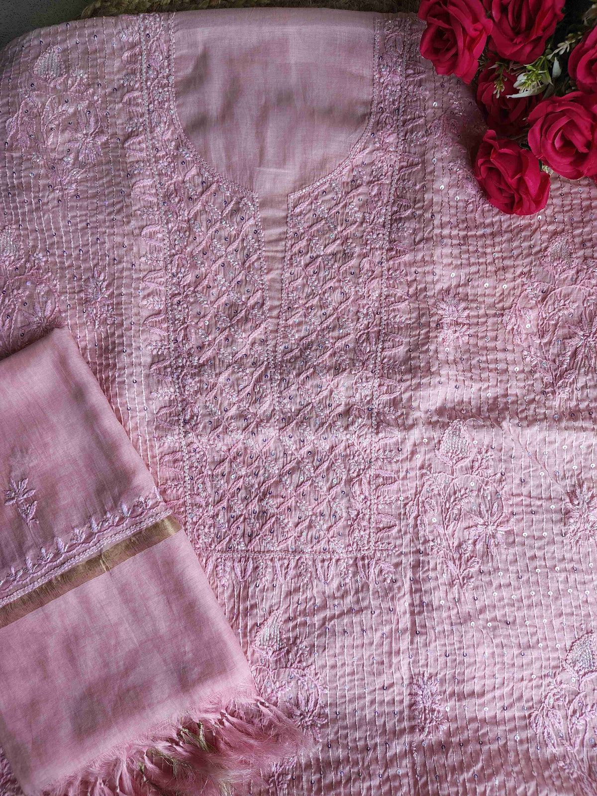 Mulchanderi Un-Stitched Chikankari kurta Dupatta Set
