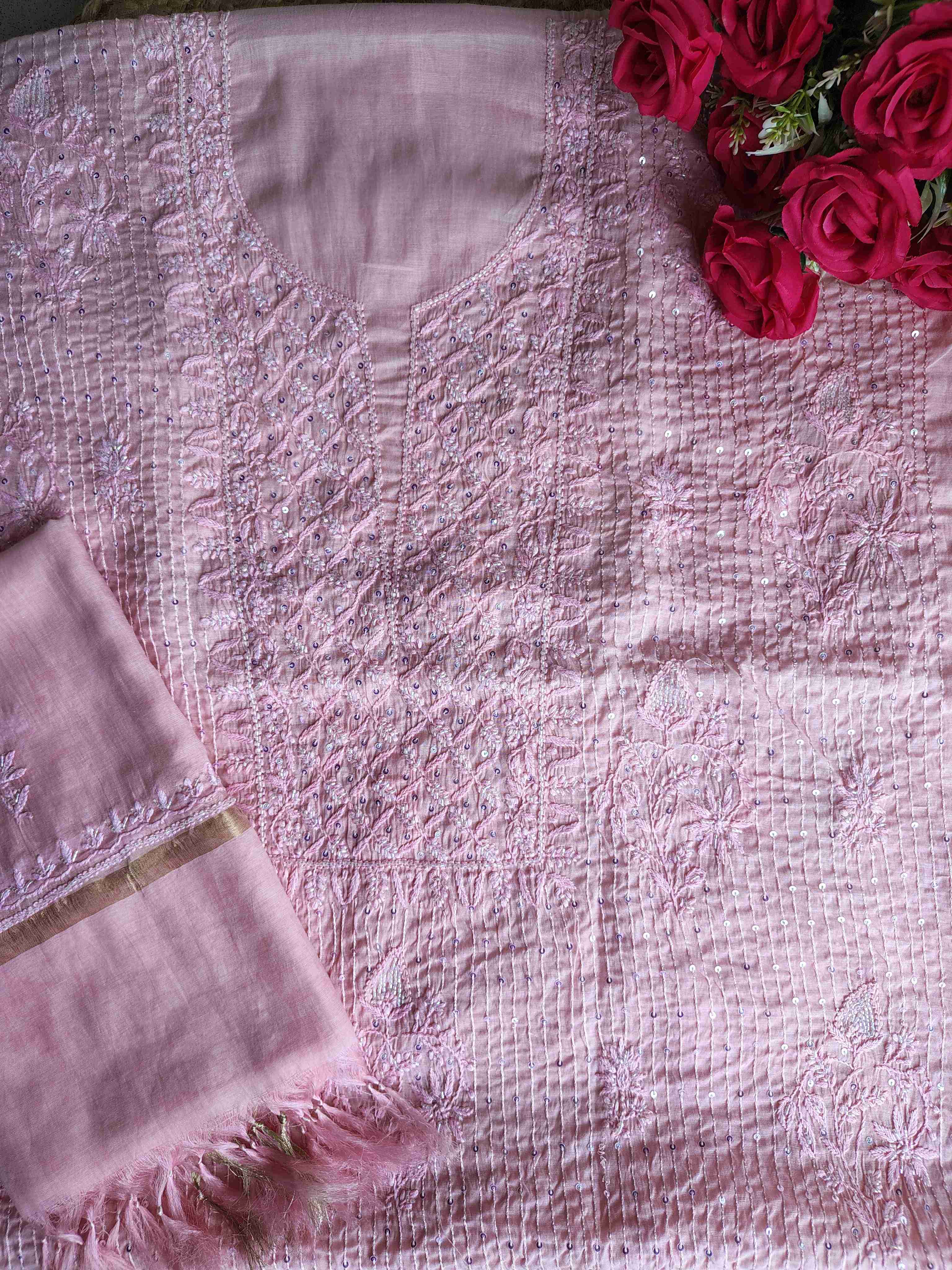 Mulchanderi Un-Stitched Chikankari kurta Dupatta Set